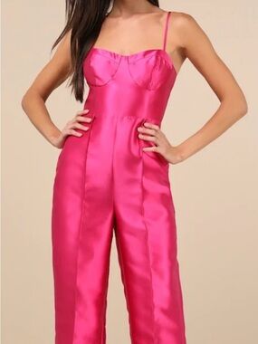 Lulus Contemporary Pose Hot Pink Tafetta Bustier Jumpsuit